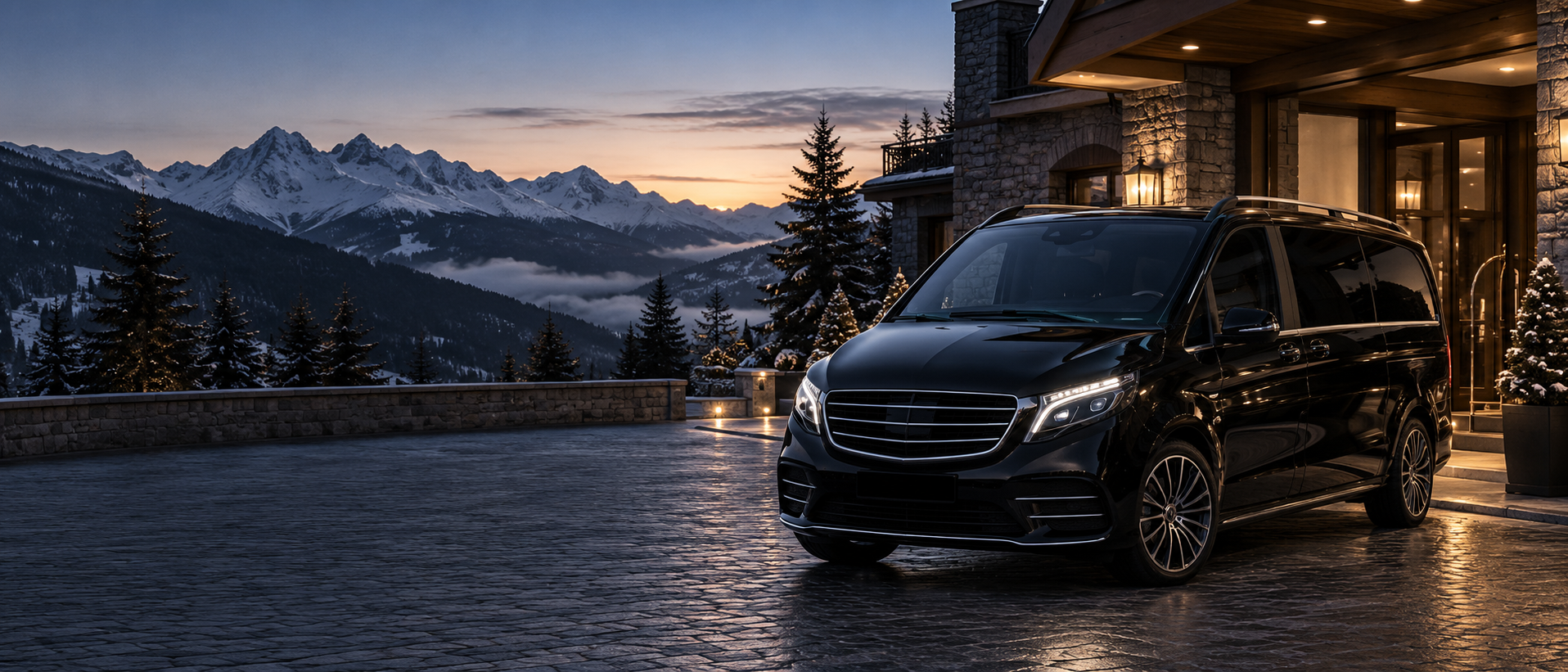 Van de luxe devant un hôtel dans les Alpes